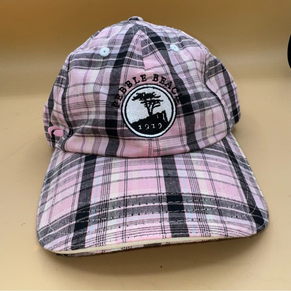Pukka Pebble Beach Embroidered Pink Plaid adjustable Baseball Cap, EUC